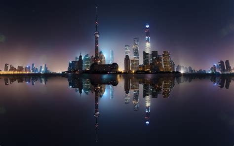 Sunset Reflection Blue Skyline Pudong Futuristic Shanghai Travel