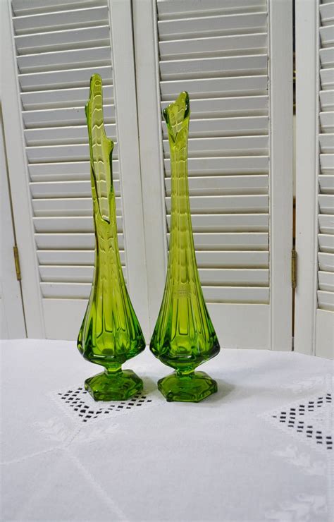 Vintage Viking Swung Glass Vase Set Of 2 Green Stretch Glass Flower Vase Mid Century Art Glass