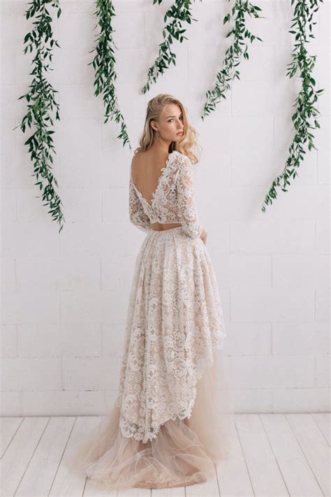 V Back Ivory Lace Champagne Tulle 3 4 Sleeve Two Piece Bohemian Wedding