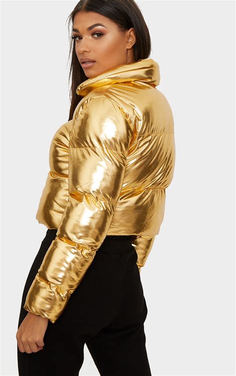 Gold Metallic Cropped Puffer Jacket Prettylittlething Ca