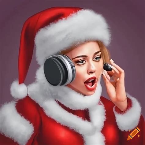 Woman Dressed As Santa Claus With Headphones And Microphone On Craiyon