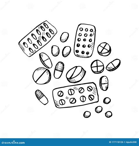 Medicine Pills Sketch Drawing On White Background Stock Vector