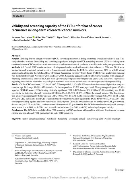 Pdf Validity And Screening Capacity Of The Fcr 1r For Fear Of Cancer