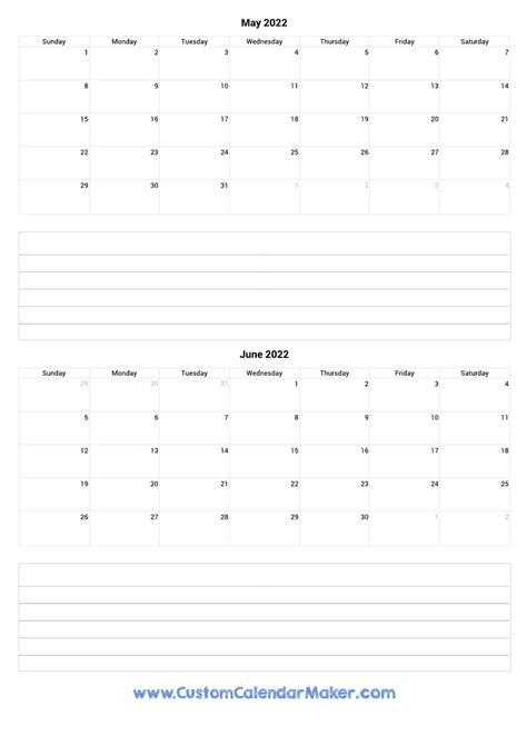 May And June 2022 Printable Calendar Template