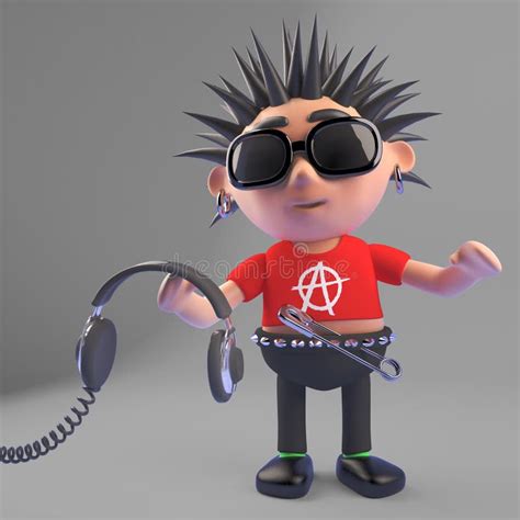 Cartoon Punk Rocker Holding Pair Of Headphones 3d Illustration Stock