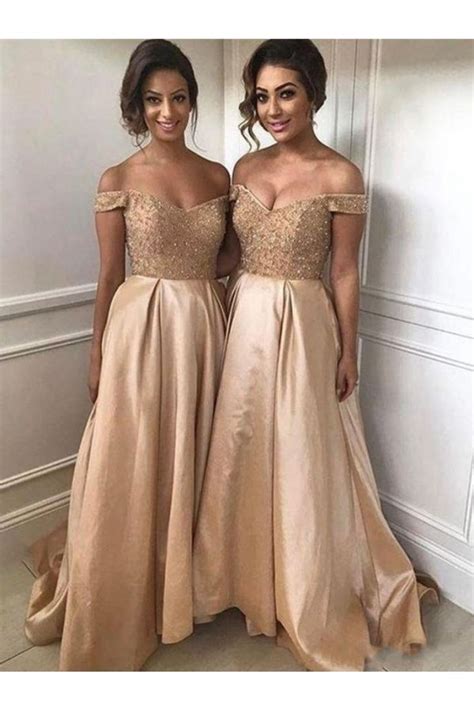 A Line Beaded Off The Shoulder Long Bridesmaid Dresses 3010347 Gold