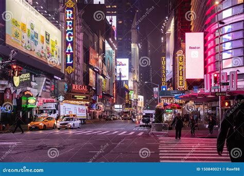 New York Broadway Streets At Night Illuminated High Buildings