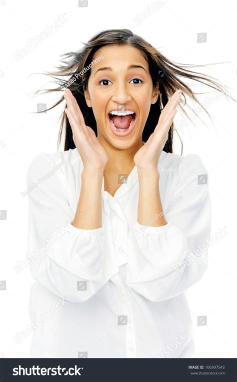 Excited Facial Expression Of Shock And Surprise Woman With Hands Up And