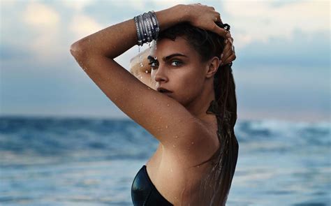 Wallpaper Women Sea Cara Delevingne Brunette Photography Hands On Head Wet Body Bikini