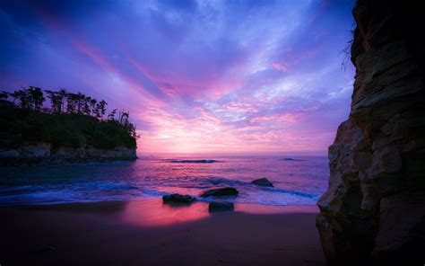 Desktop Wallpaper Purple Sky Sunset Nature Beach Hd Image Picture