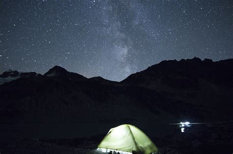 Green Tent In Mountains Under Milky Way Galaxy Stock Photo Download