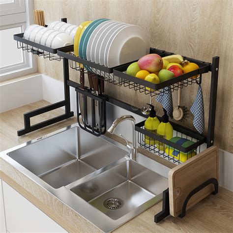 Glotoch dish drying rack, 2 tier dish rack with utensil holder, cup holder and dish drainer for kitchen counter top, plated chrome dish dryer silver 16.5 x 10 x 15 inch. Black stainless steel kitchen rack sink sink dish rack ...