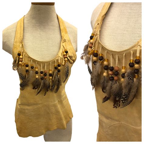 Vintage Vtg 1970s 1980s Tan Leather Beaded Feathered Gem