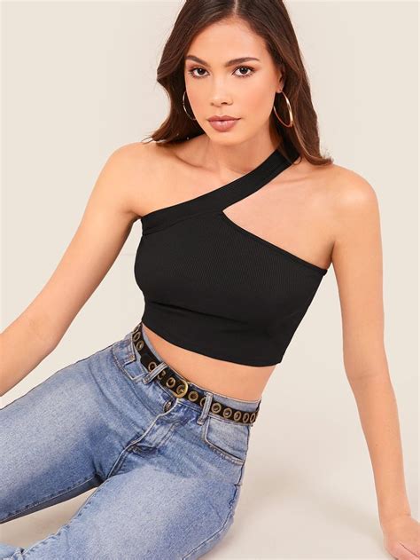 One Shoulder Rib Knit Crop Top Shein Usa Shoulder Tops Outfit Knit