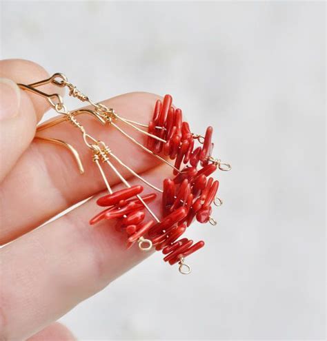 Coral Earrings Gold Filled Earring Cluster Earring Red Coral Branches