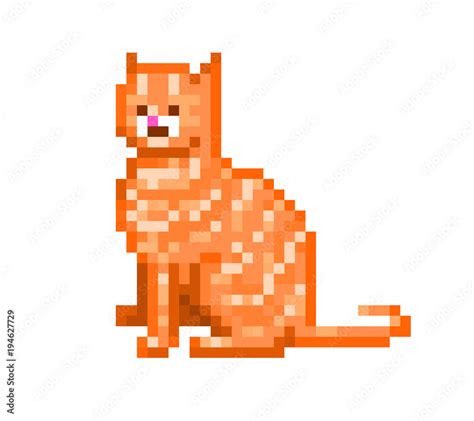 Sitting Side View Striped Ginger Cat Pixel Art Character Isolated On