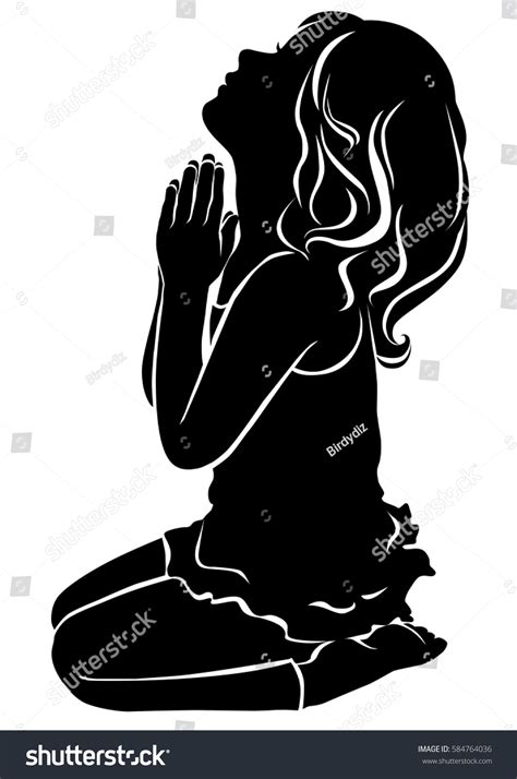 Silhouette Little Girl Praying Black White Stock Vector 584764036