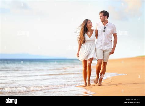 Beach Couple Walking On Romantic Travel Honeymoon Vacation Summer Holidays Romance Young Happy