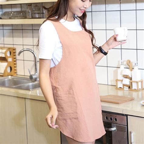 Women Cotton Linen Cross Back Apron Japanese Housework Kitchen Dining