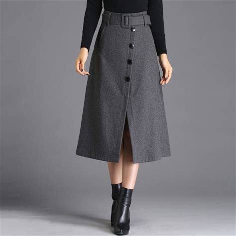 woolen skirt women autumn winter long mid calf length high waist skirts female vintage a line