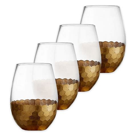 Fitz And Floyd Daphne Stemless Wine Glasses In Gold Set Of 4 Clear Gold Stemless Wine