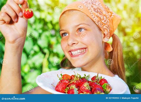 Girl Eating Strawberries Stock Image Image Of Garden 32195955