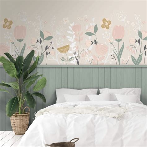 Half Panelled Floral Wall Mural In Sage Green And Pinks I Love Wallpaper