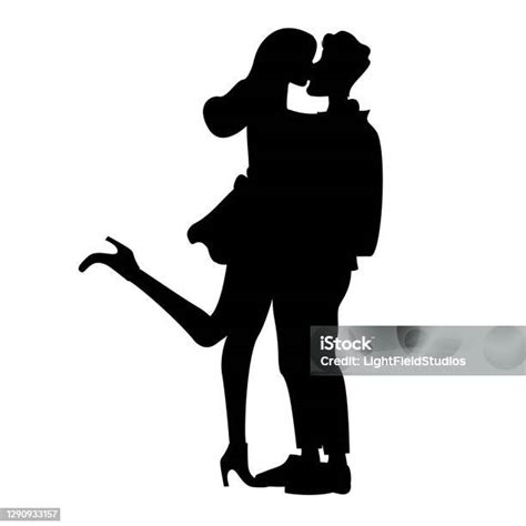 Silhouettes Of Couple Hugging And Kissing Black And White Vector