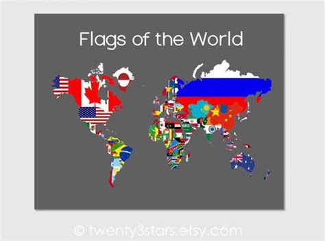 Flags Of The World Map Poster World Map Flags Flag Map Art Etsy