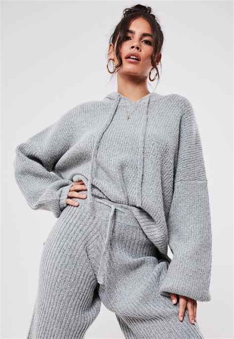 Premium Grey Co Ord Oversized Hooded Knit Jumper | Missguided Australia