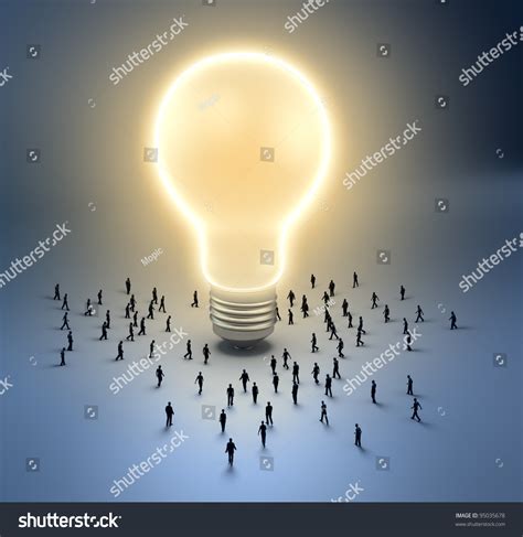 A Group Of Tiny People Walking Towards A Light Bulb Stock