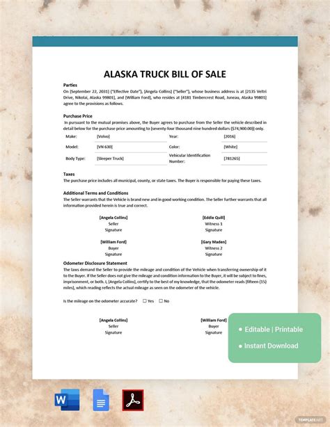 Truck Bill Of Sale Template In Word Free Download