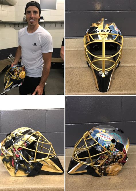 It goes along with the golden knight's armor and the golden shield. First look at Fleury's new Golden Knights mask : hockey