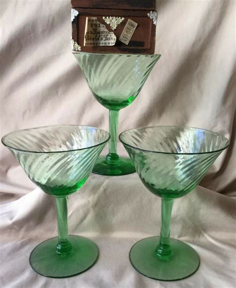 3 vtg green depression glass champagne cocktail glasses elegant twist optic antique price