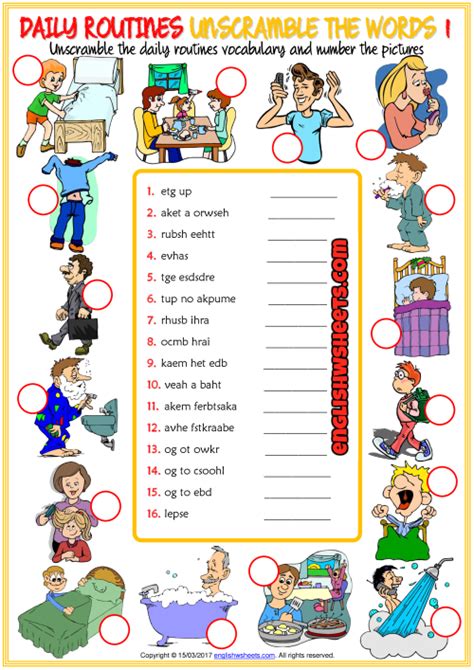 daily routines esl unscramble  words worksheets