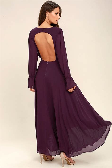Stunning Plum Purple Maxi Dress Backless Maxi Long Sleeve Maxi