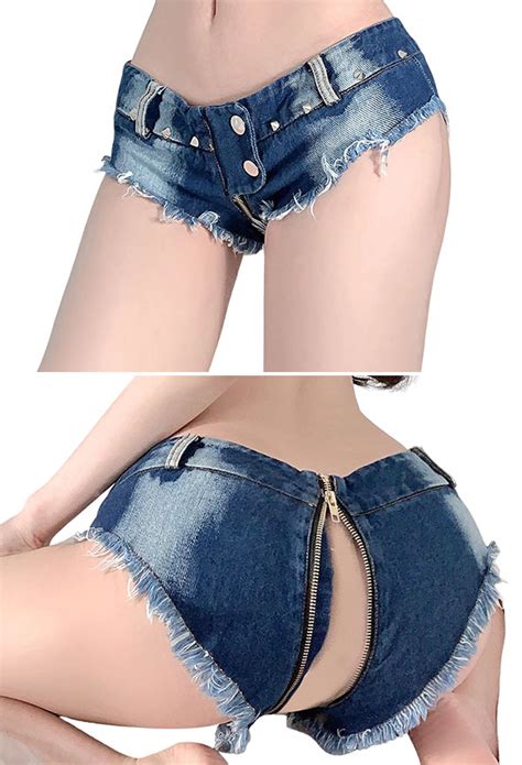 Sexy Ripped Mini Denim Jeans Shorts Zipper Crotch Open Low Waisted