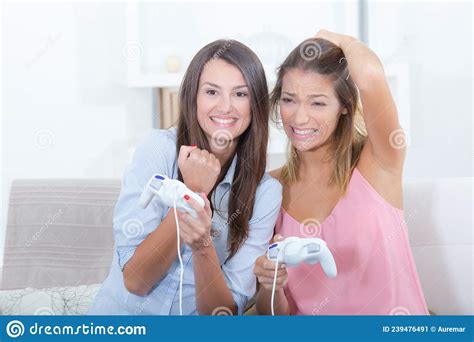Two Women Competitive Friends Playing Video Games Stock Image Image