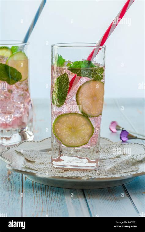 Pink Rose Lemonade With Lime And Fresh Mint Refreshing Summer Non