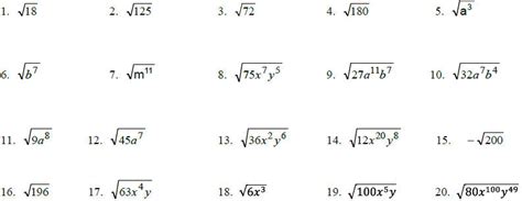 Simplifying Radicals Algebra Worksheet