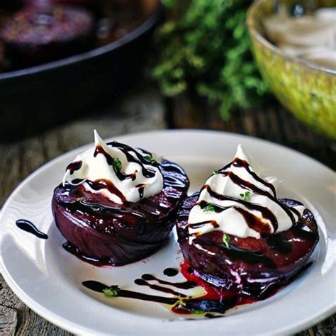 Honey Roasted Pluots With Thyme Balsamic Syrup And Mascarpone Creme