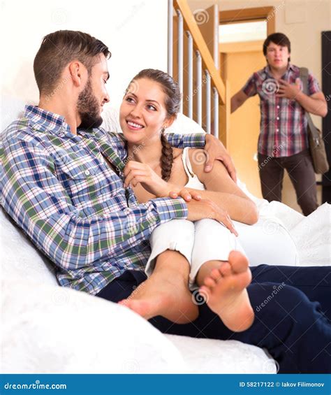 Husband Watching How Partner Is Cheating Stock Photo Image Of Interior Faces