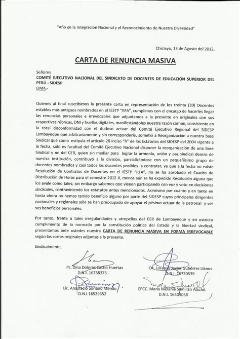 Modelo De Carta De Renuncia A Un Sindicato En Peru Financial Report