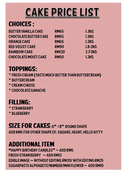 Homemade Cake Price List Template