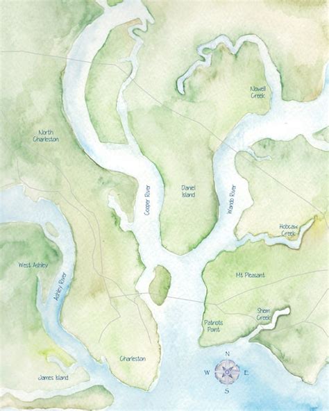 Daniel Island And Charleston Watercolor Map 8x10 Etsy