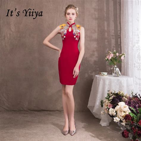 it s yiiya 2018 red slim evening dresses knee length high quality flowers diamonds party formal