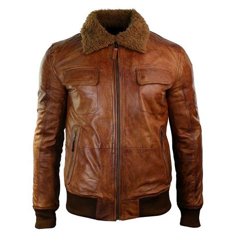 Mens Fur Collar Distressed Brown Bomber Leather Jacket