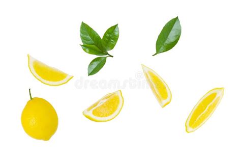 Lemon Slices Whole Lemon And Green Citrus Leaves Isolated On White