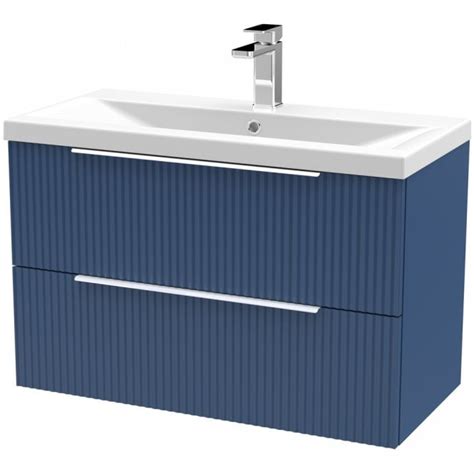 Hudson Reed Fluted Satin Blue 800mm Wall Hung 2 Drawer Vanity Unit