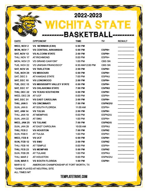 Printable 2022 2023 Wichita State Shockers Basketball Schedule
